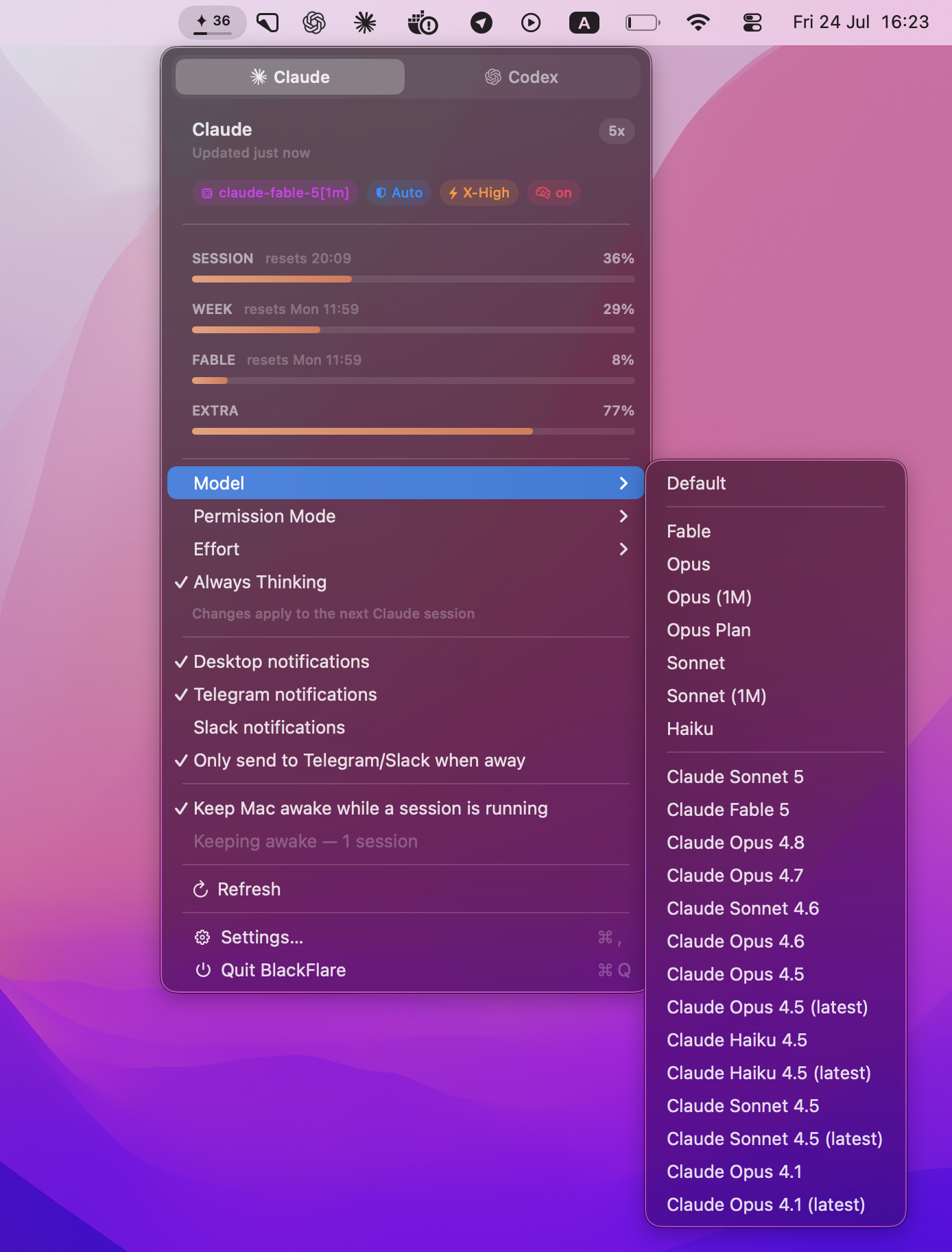 Switching the Claude model for the next session from the BlackFlare menu bar