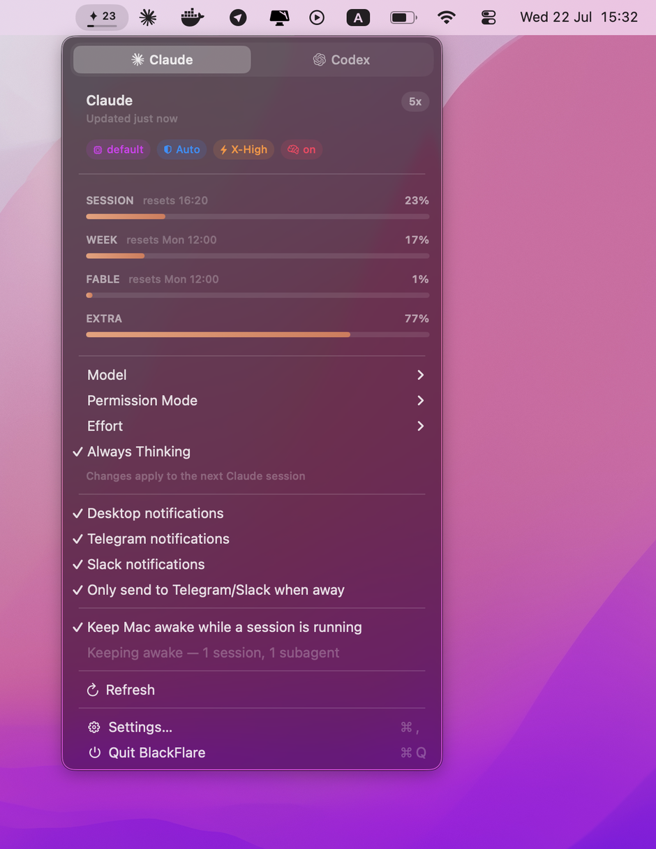 BlackFlare menu bar dropdown showing model config and per-model usage bars