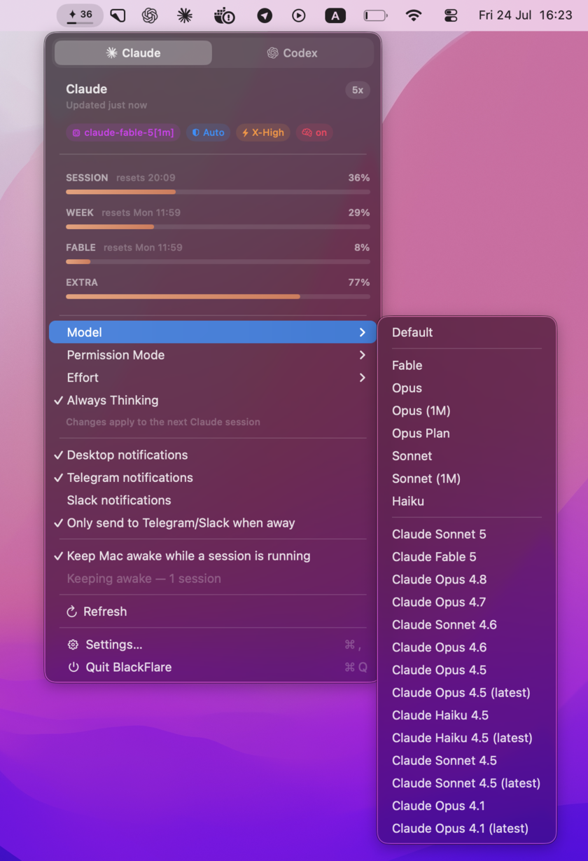 BlackFlare menu with the Model submenu open, picking the default Claude model