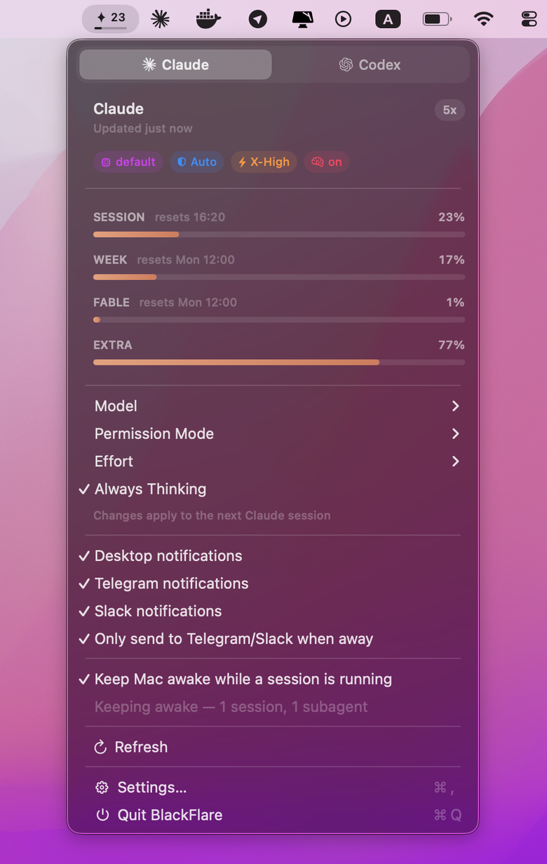BlackFlare usage bars: session, week, per-model and extra usage