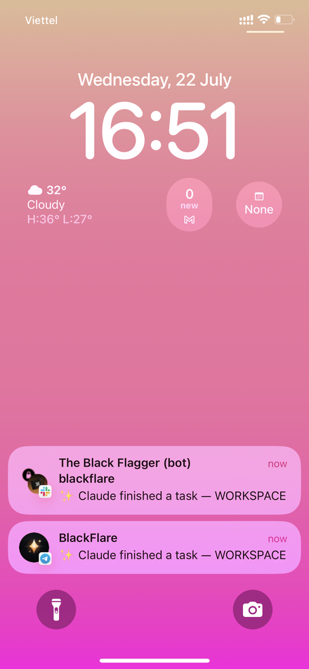 iPhone lock screen: BlackFlare Slack and Telegram alerts, Claude finished a task