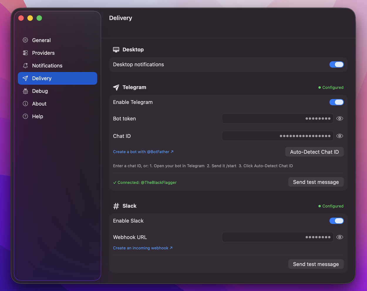 BlackFlare Delivery settings: Telegram and Slack configuration