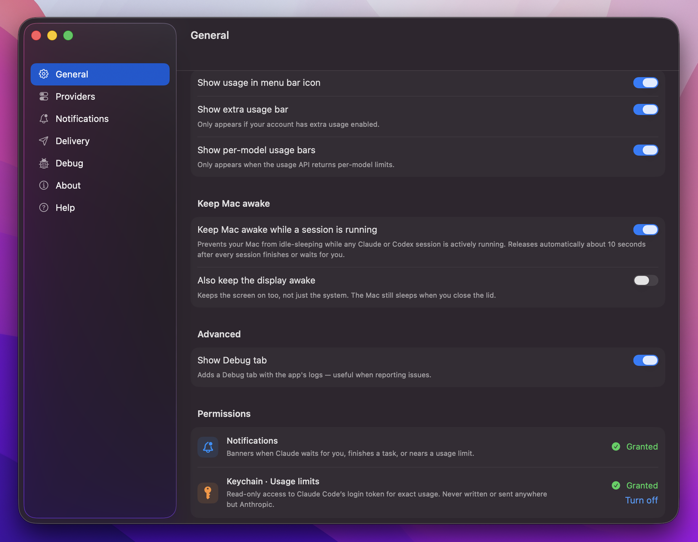 BlackFlare permissions: Notifications and Keychain usage access, granted