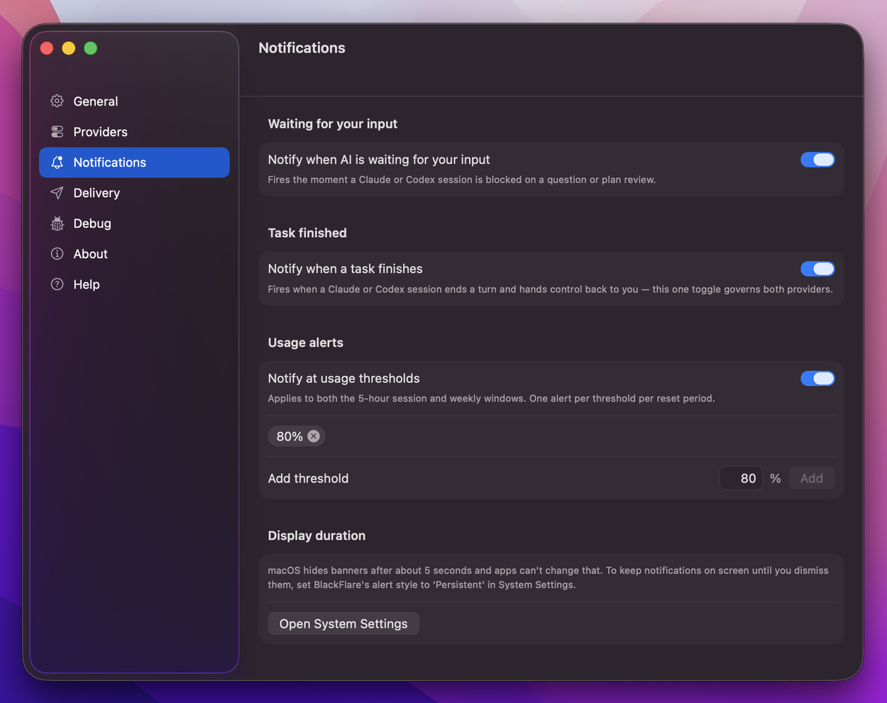 BlackFlare Notifications settings: waiting-for-input, task-finished and usage threshold alerts